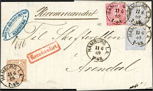 3,4,5. Norddt. Postbezirk. 5 1/2 Gr postage to Norway. One 1/2 gr, one 1 Gr and two 2 Gr on entire sent registered to Arendal, cancelled "Hamburg 11.6.69".