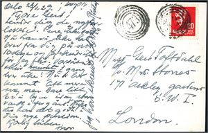 145. 20 øre Løve II på postkort, datert "Oslo" i 1929, annullert med 4-rings "473" (Jernbanestrekninge Ljan-Oslo, 10 pkt) og sendt til London.