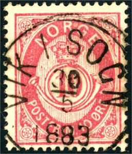 38. 10 øre Posthorn, rettvendt fullstemplet "Vik i Sogn 30.5.1883".