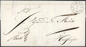Komplett betalt brev, stemplet "Grimstad 24.8.1849" i svart og sendt til Helsingør, Danmark.