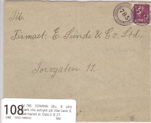 IV-785 SOMMA (Bu, 8 pkt)  mørk lilla avtrykk på 20ø Løve II.  Bak transit st. Oslo 2-X-27.
