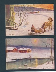 KUNSTNERKORT A. BRUUN (J.H.K. serie 2242/3 og 4". 2 kort, begge stemplet "RISØR 3-XII-24" til samme mottaker i Gstaad, Sveits