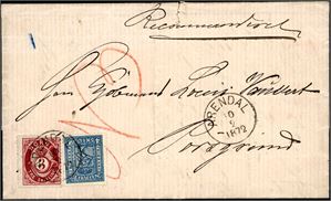 14,18. 7 skillings innenlandsporto. 4 skill 4 og 3 skilling Posthorn på komplett brev, stemplet "Arendal 10.2.1872" og sendt rekommandert til Porsgrund. Brevet med en liten rift i øvre kant.