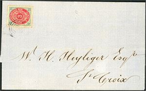 6. DWI. 3 cent bicolour stamps (1. print, 1873) on letter from St. Thomas, cancelled with a stump postmark, and sent local to West End..