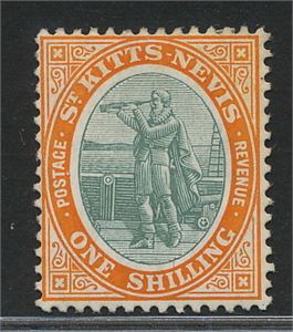 Br. Kolonier ST. KITTS & NEVIS. 20. 1909. 1 sh. greygreen/orange.  Kvalitet *  (€50)