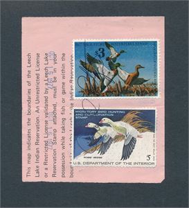 USA - DUCK HUNTING STAMPS 2 merker på del av kvittering