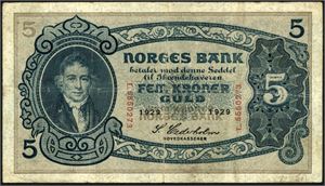 5 kroner 1929, serie L.5550273. 3 mm rift nede i midtbrett. 2