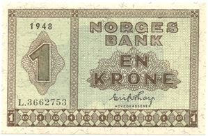 1 krone 1948 L.3662753. Kv.0