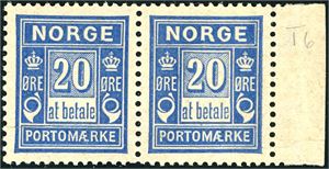 P  4 x. 20 øre "at betale" fra Centraltrykkeriet i horisontalt par med arkrand i høyre side. En krakkelering i nedre del gjør inge bøy/brekk. Meget pene. (13.500,-).