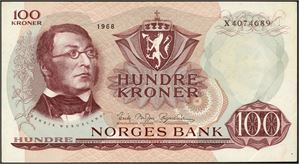 100 kr 1968, serie X 4074689. Erstatningsseddel. 1+/01