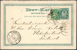 52. 10 øres porto til Finland. 5 øres Brev-Kort oppfrankert med 5 øre 20 mm, stemplet "Sandefjord 10.7.1890" og sendt til Nikolaistad (Vasa). Ankomsstempel ved siden og transittstemplet "Stockholm" på baksiden.