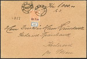 86,87. 1 1/2 kr- og 2 kr Provisorie på hver sin bankokonvolutt, begge stemplet "Arendal" i hhv. 1921 og 1919.