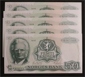 50 kroner 1975 Norge 0 G9471604/08. Fem sedler i nummerrekkefølge.