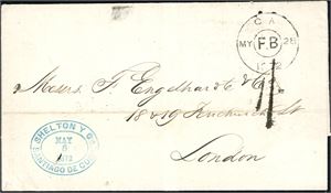 DWI. A complete letter from Santiago De Cuba, via St. Thomas to London in 1872. "CA My 28 1872 F.B." postmark at front. "St. Thomas A My 15 72" and "London GT My 28 72" at reverse.