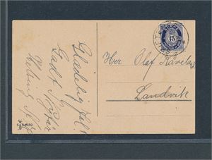 Nk 121 på kort stemplet "SKIFTENES 20 XII 23". Meget vanskelig stempel (Grad 8)