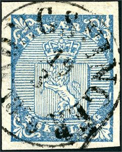 1. 4 skilling våpen 1855 variant "Sprukken plate" (D 16), pent fullstemplet "Kongsvinger 19.3.1856". To gode- og to normale marger.