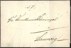 Komplett ubetalt brev fra Christiania til Laurvig 1. august 1809. Kartert 22 samt porto 3 l.sk. I tillegg påskrevet "Postpenge til regning" og det sålangt utestående beløp "8/40" samt "8/72" som er utestående beløp etter dagens postlevering.