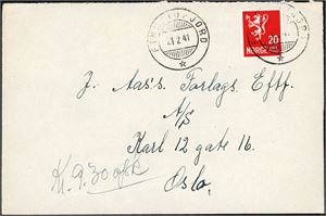 246. 20 øre Løve på konvolutt, annullert med hjelpestempel "Finneidfjord 21.2.41" (NO).