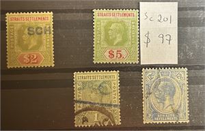 MALAYA-STRAITS SETTLEMENTS 4 merker, 2 fiskalt brukt, $5 ubrukt uten lim