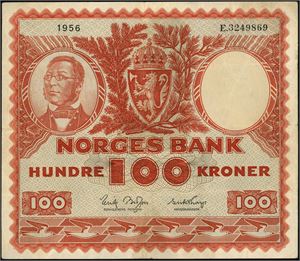 100 kr 1957, serie E.8650249. 1-