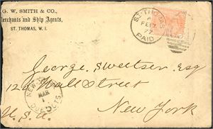 Z 11/152. DWI. 4d orange (pl 15) on envelope, cancelled "C 51 , St. Thomas paid A Fe 17 77" and sent to New York. "New-York Due C cts" (with inverted C) postmark at side.