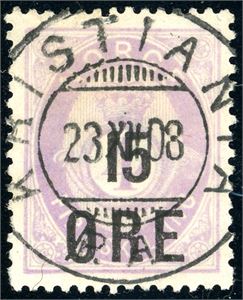 92. 15 øre provisorie, rettvendt stemplet "Kristiania 23.12.08".