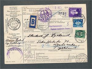FØLGEBREV Pakke til Tyskland stemplet "STAVANGER P.P. 9-2-54" og "STAVANGER COLIS POSTAUX 12-2-54"