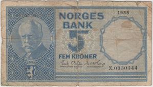 5 kroner 1955 Z.0030344 erstatningsseddel. Kv.1-/2