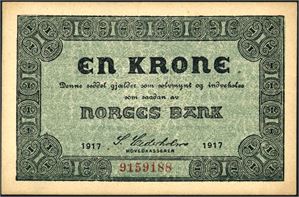 1 krone 1917, nr 9159188. Litt gullig papir. 0