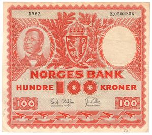 100 kroner 1962 Z.0502856. Erstatningsseddel. R-seddel. Kv.1