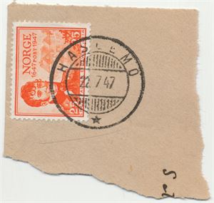 Hjelpestempel HASLEMO (HE) HJ-SA 22 7 47 på klipp med NK 362.