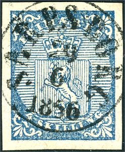 1. 4 skilling våpen 1855, rettvendt fullstemplet "Sarpsborg 29.6.1856". Gode marger.