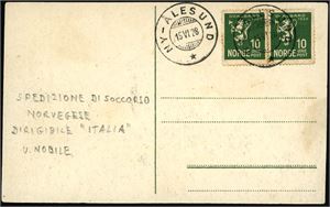 Three German stamps on envelope, cancelled "Stolp 9.5.28", and sent from a crewmember on the Airship Italy (when they had a small stopover on the way to the North) to A. Libonati in Italy. Arrival postmark "Roma 12.5.28" on reverse. Also a front of a norwegian stationary, with "Ny-Ålesund 15.6.28" cds.
