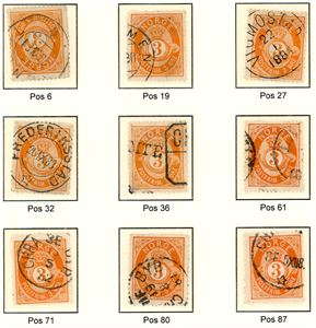 Samling Skravert Posthorn, pent montert på albumark. Montert etter typer, vannmerkestillinger, klisjeér. Hundrevis av merker, men ingen 25 ører. Noen få brev er inkludert.