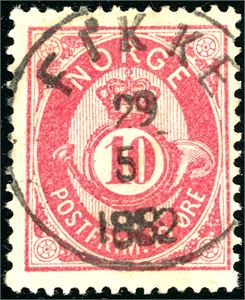 36. 10 øre skravert Posthorn 1879, rettvendt stemplet "Fikke 29.5.1882".