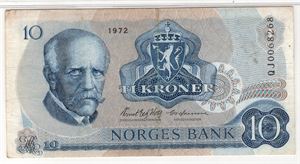 10 kroner 1972 QJ. Erstatningsseddel. Gradert til 30 very fine hos PMG. Kv.1