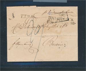 Brev fra Christiania 1825 til Bordeaux. Bl. A. stempler "T.T.R.4" og "DANEMARCK PAR HAMBURG"