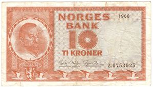 10 kroner 1968 Z.0753925 erstatningsseddel. Kv.1-