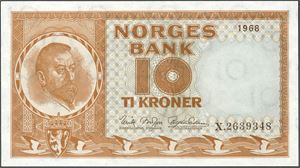 10 kroner 1968, serie X.2639348. Erstatningsseddel. 0/01
