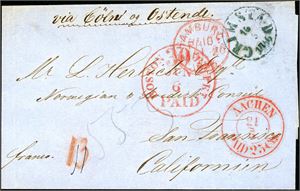 Brevomslag stemplet "Grimstad 16.5.1856" og sendt til San Fransisco, Californien. Transittstemplet "Aachen 21.5", "Hamburg paid" and "Boston Packet Jun 6 paid. Handwritten "via Cöln og Ostende" in upper part.