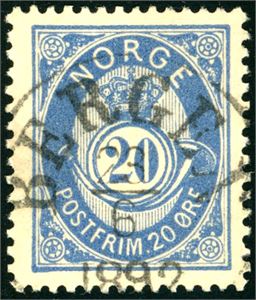 54 IV. 20 øre 20 mm, annullert med et rettvendt enrings "Bergen 23.6.1892".