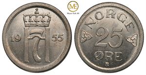 25 øre 1955 Haakon VII. Kv.0