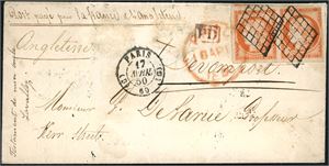 5. 80 centimes to Great Britain. 40 c in a horizontal pair on a small envelope to Devonport, cancelled with grid and "Paris 17 Avril 50" at side. The stamps with three good margins, but from narrow to cut into at the right side. Transitt from Calais and arrival postmark "Devonport Ap 19 1850" at reverse.