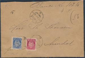 Aamli 16 II 98 på pent banco brev med nk 77 og 79. Sent til Arendal. Lakksegl "Andersen" bak
