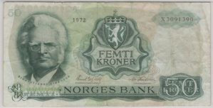 50 kroner 1972 X.3091390 erstatningsseddel. Kv.1-