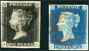 2,5. One- and two penny 1840. Both with margins at all sides.