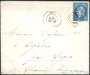 41 I. 20 c "Bordeaux"-issue, type I on enevlope, cancelled with number "1065" "23 Fevr" and sent domestic. The stamps with four margins. Signed.