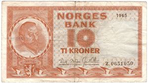 10 kroner 1965 Z.0651050 erstatningsseddel. Kv.1-