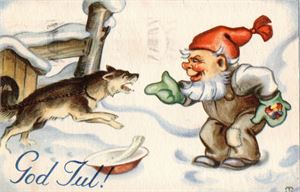 Julekort. Nisse og hund. Tor Wiborg.