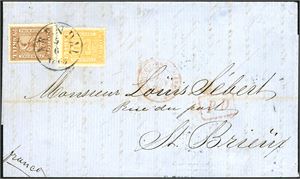 6,10. 26 skillings porto til Frankrike. 2 skill og 24 skill på komplett brev til St. Brieux, stemplet "Arendal 5.6.1865". Ved siden fransk transittstempel. Baksiden med "Sandøsund" og ankomststempel. En horisontal arkivbrett sees lite og berører ikke merkene. Attest L. Nielsen.